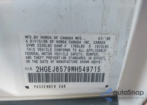 1998 Honda Civic Lx z USA, uszkodzony, nr VIN 2HGEJ6579WH549715